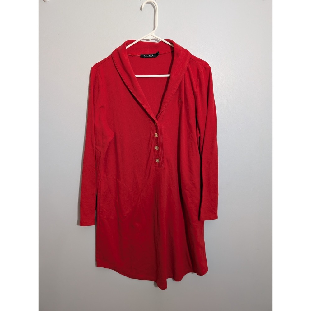 Z5 Lauren‎ Ralph Lauren Red Long Sleeve Fleece Tunic Sleep Gown Dress Size L